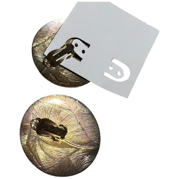 Vintage Gold Black Clip On Earrings Textured Metal Statement Costume - Picture 2 of 3